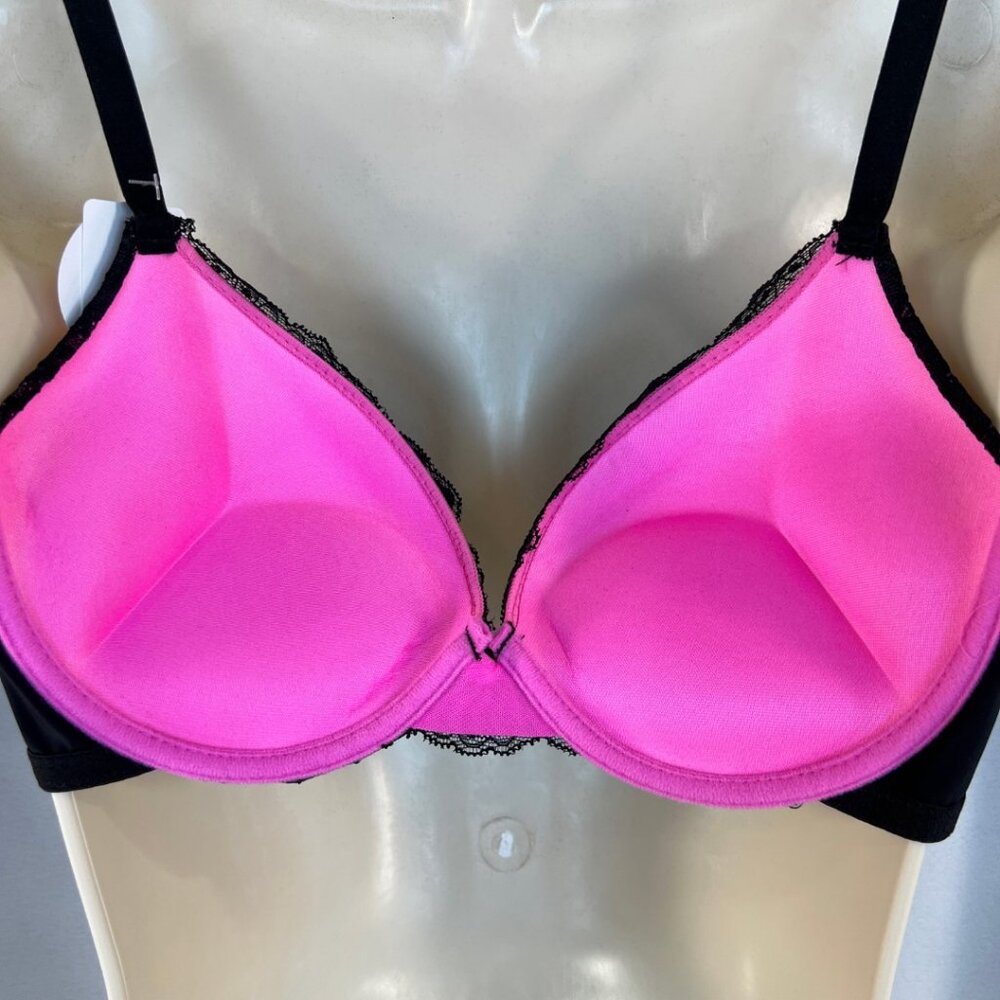 VS Bombshell Inspired Adds 2 Cups Ultimate Pushup Bra 32B Black Pink Lace - Picture 3 of 6